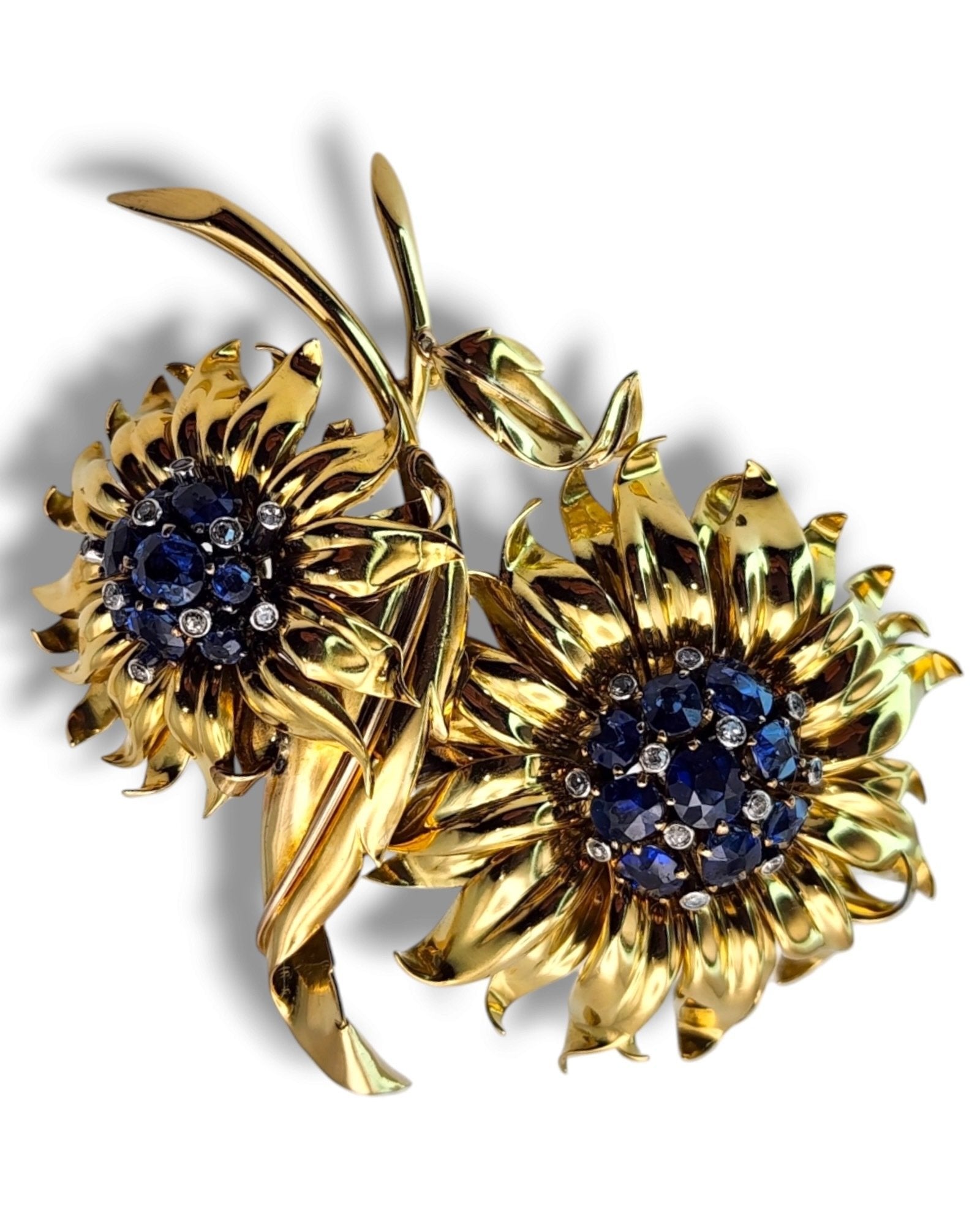 Brooch - 18 kt. 18K Gold Brooch with Diamonds and Large Sapphires, Yellow gold Diamond (Natural)