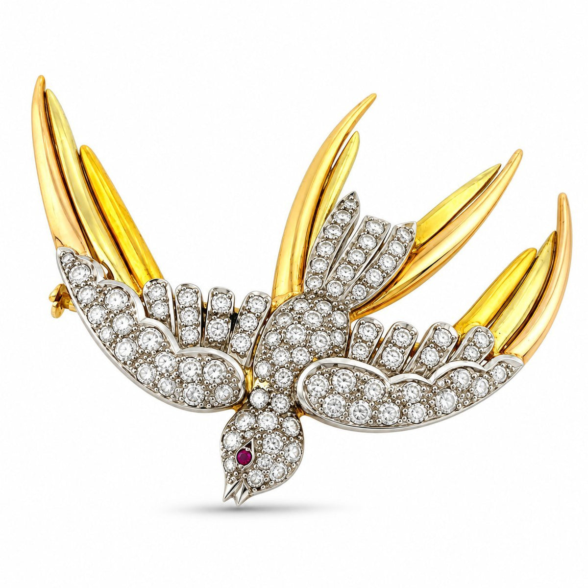 18K yellow and rose gold bird brooch with diamonds and ruby