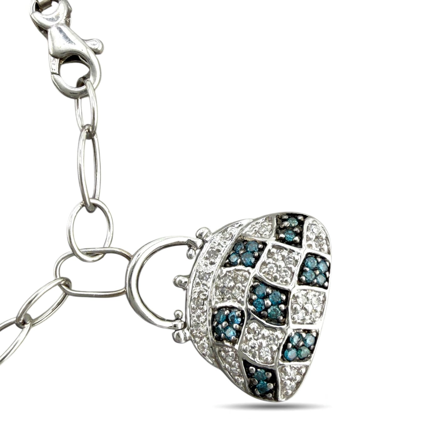 Oval white-gold charm with blue square inlays and sparkling pave border