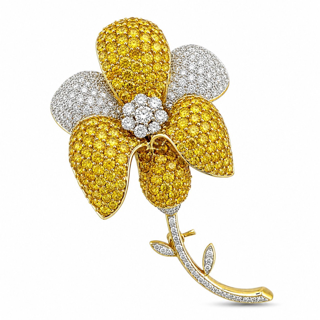 18K yellow gold diamond and citrine flower brooch