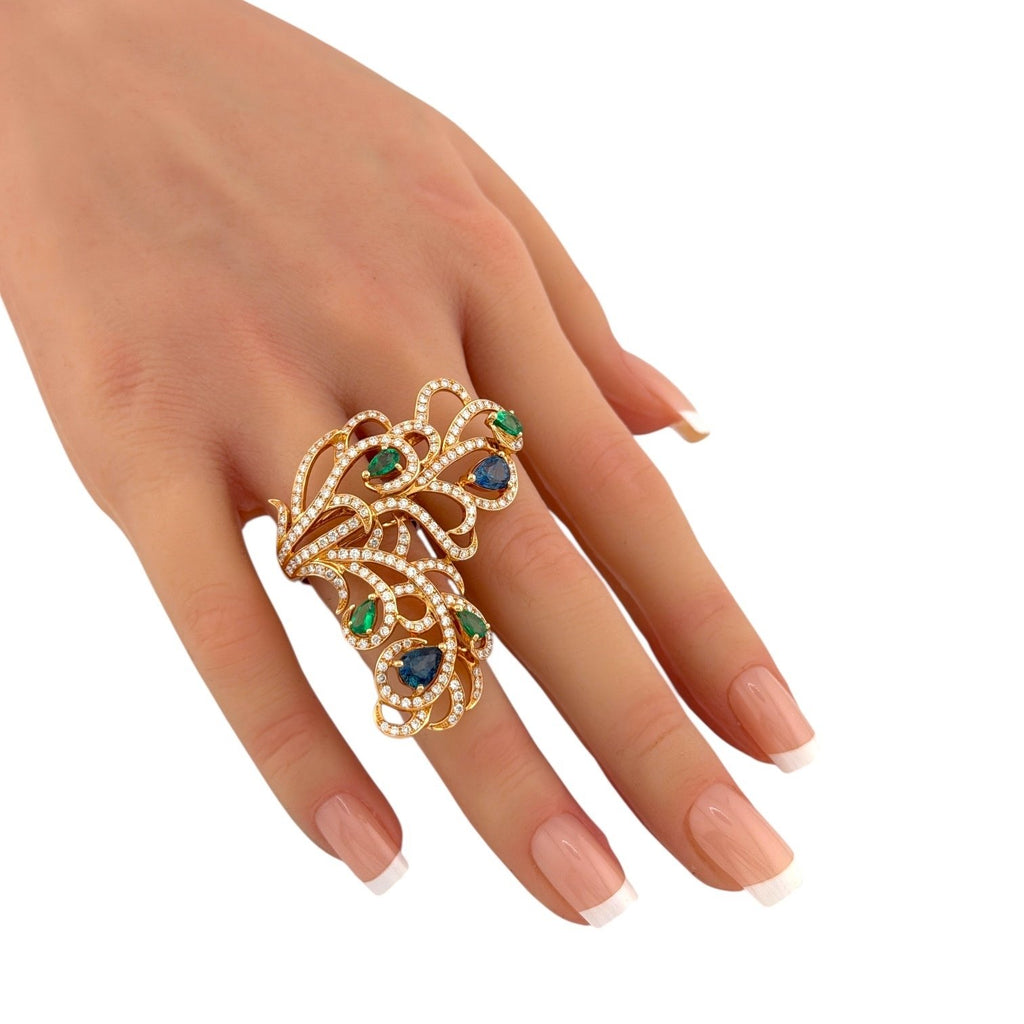 18K Rose Gold 1.92ct Diamond, Emerald and Blue Sapphire Branch Ring