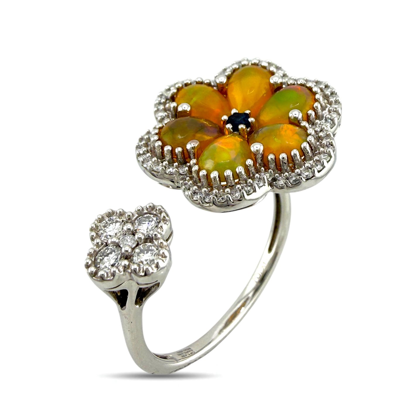 14K White Gold 1.43ct Opal, Sapphire and 0.32ct Diamond Flower Bypass Ring