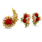 18K Yellow Gold Coral and 6.45ct Diamond Brooch and Earring Set