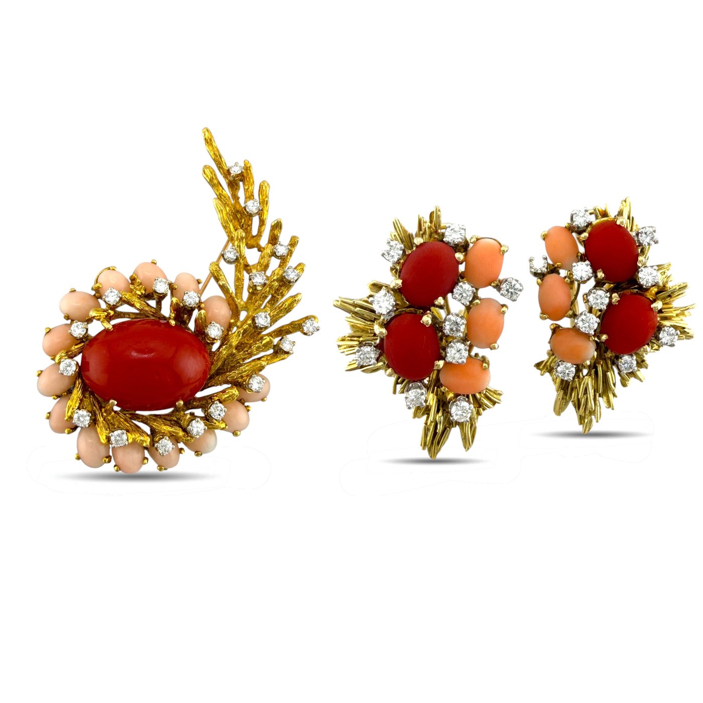 18K Yellow Gold Coral and 6.45ct Diamond Brooch and Earring Set