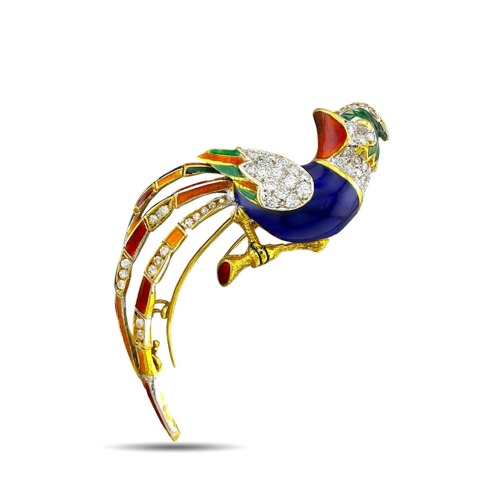 18K Yellow Gold 2.00ct Diamond and Enamel Parrot Brooch