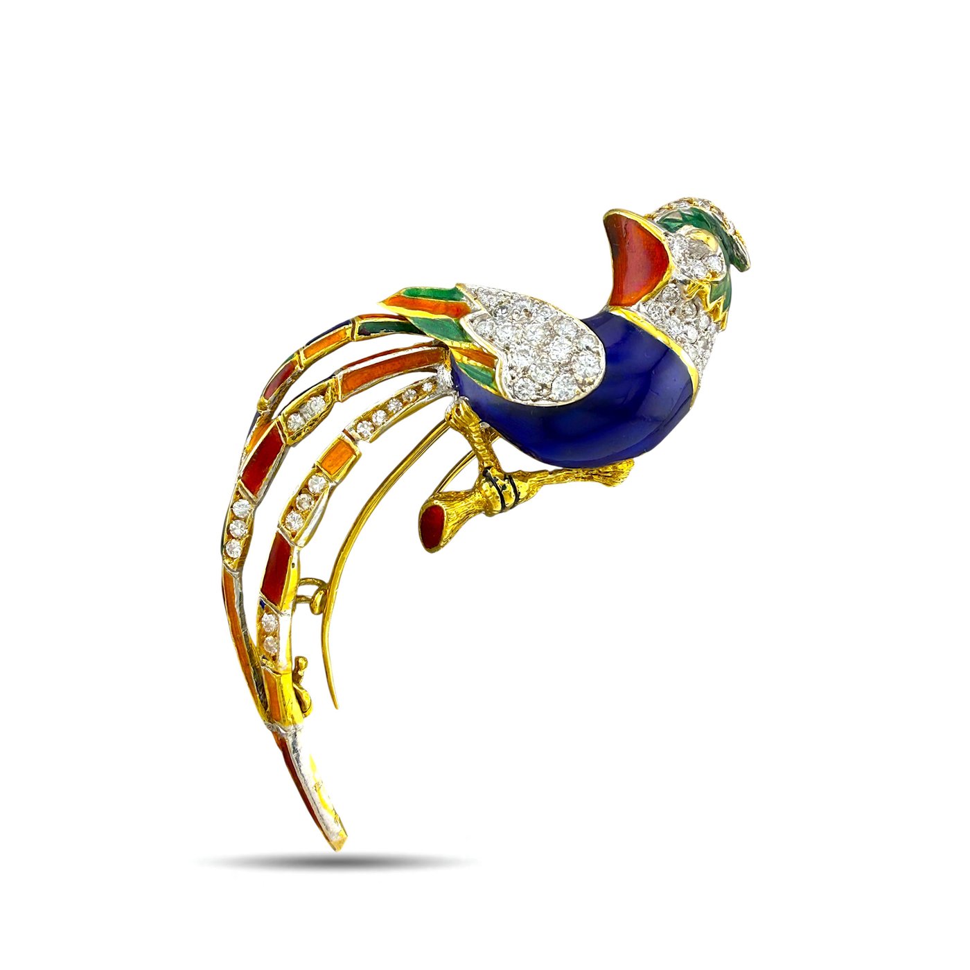 18K Yellow Gold 2.00ct Diamond and Enamel Parrot Brooch