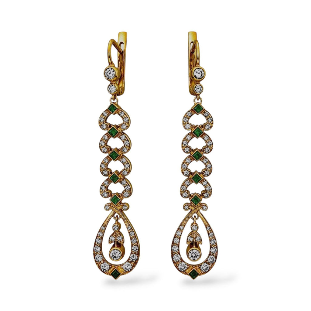 14K Rose and Yellow Gold Imperial Russian Emerald and Diamond Dangle Earrings