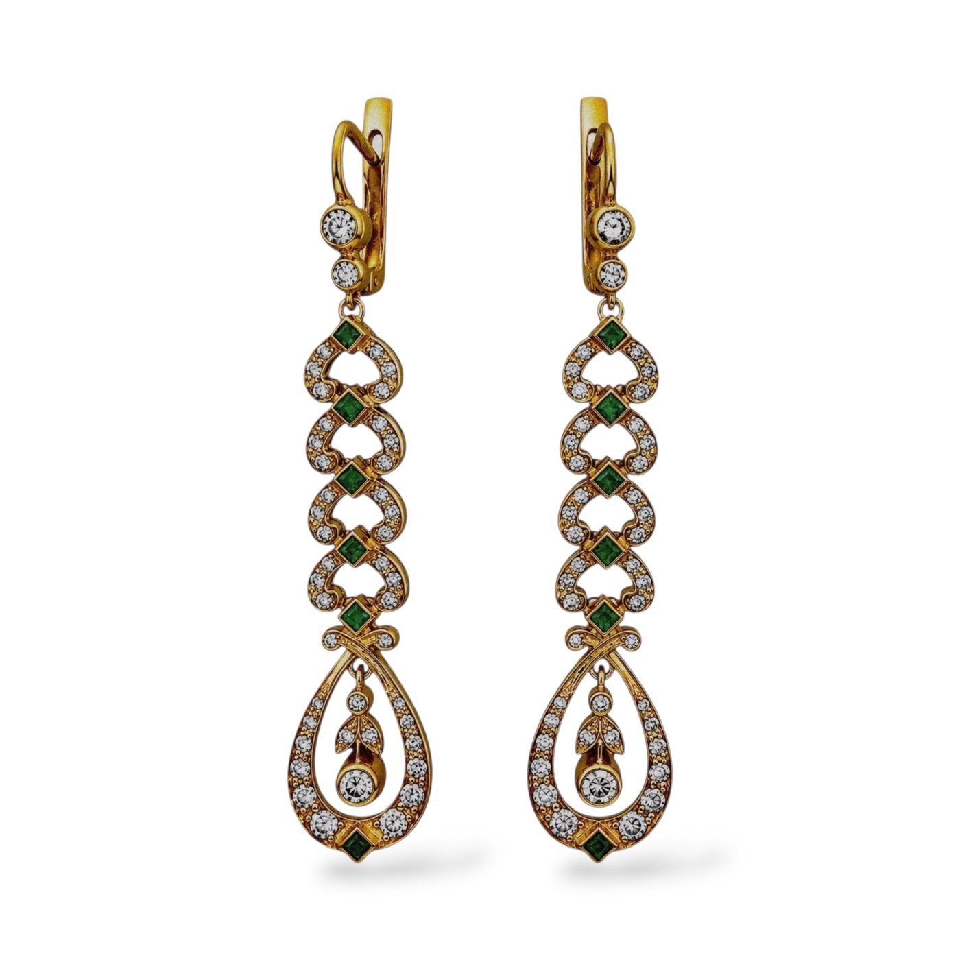 14K Rose and Yellow Gold Imperial Russian Emerald and Diamond Dangle Earrings