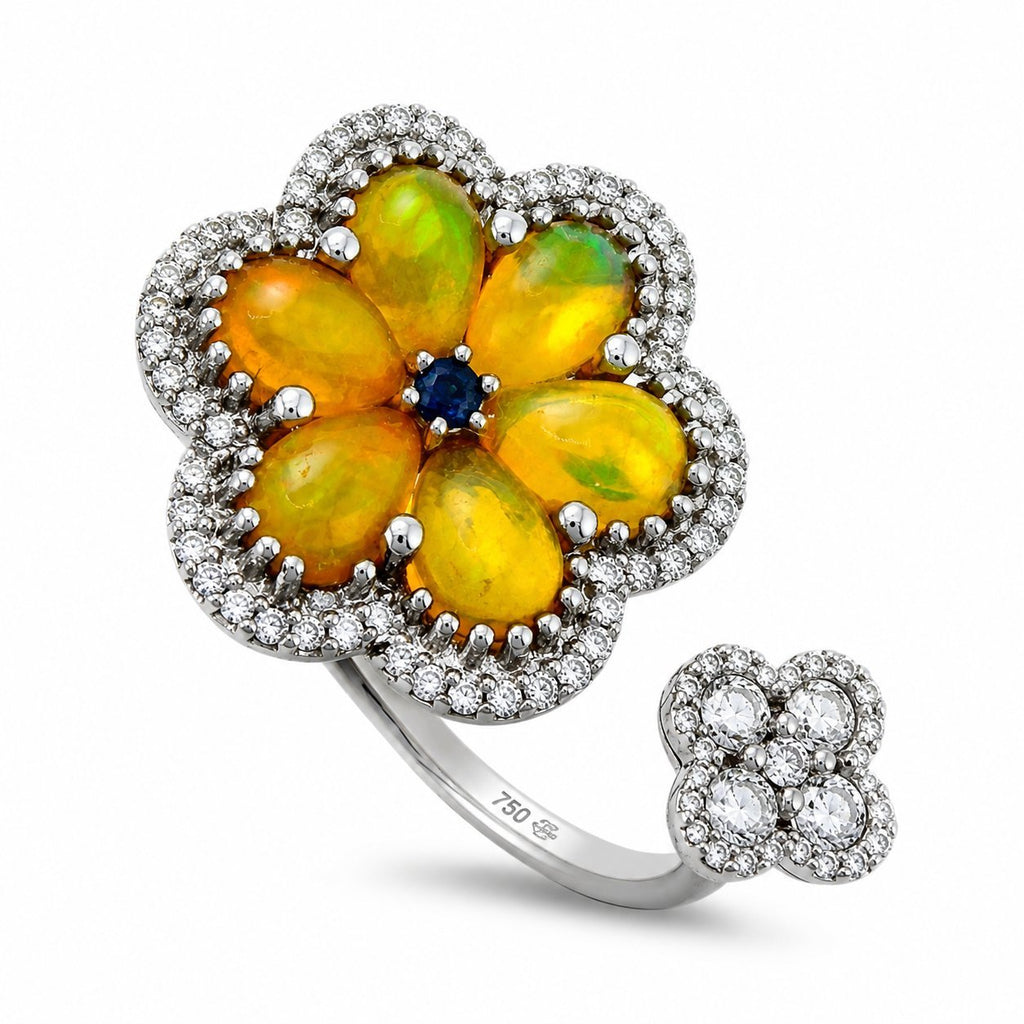 14K White Gold 1.43ct Opal, Sapphire and 0.32ct Diamond Flower Bypass Ring