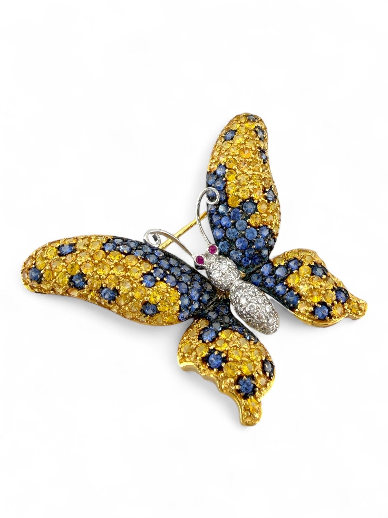 Brooch - 18 kt. Yellow gold, 18K Yellow Gold Multi-Color Sapphire, Diamond, and Ruby Butterfly Brooch Diamond (Natural)