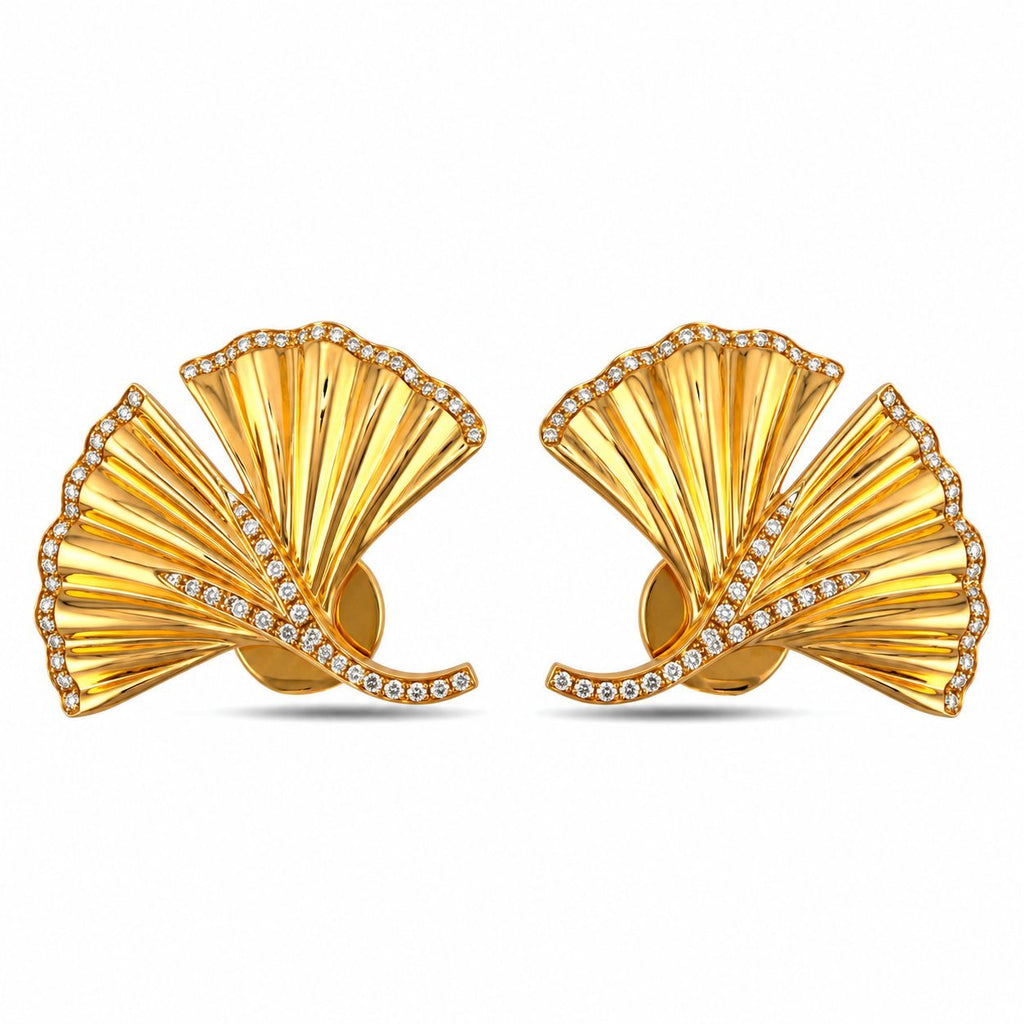 Pair of ribbed ginkgo leaf earrings with diamonds along the edges and stems