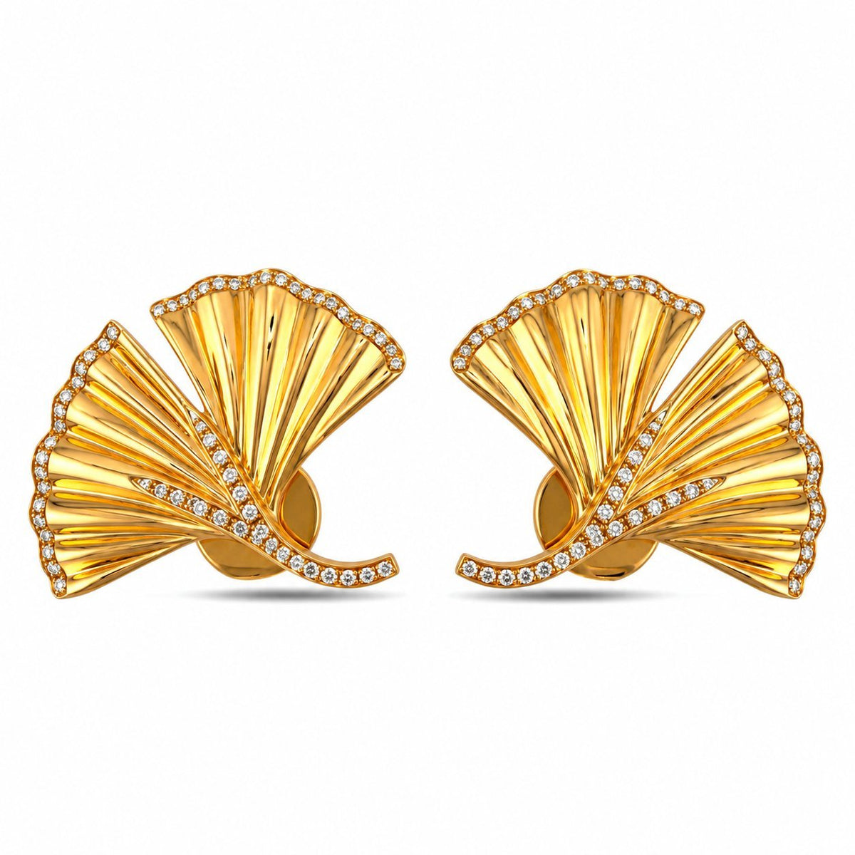 Pair of ribbed ginkgo leaf earrings with diamonds along the edges and stems