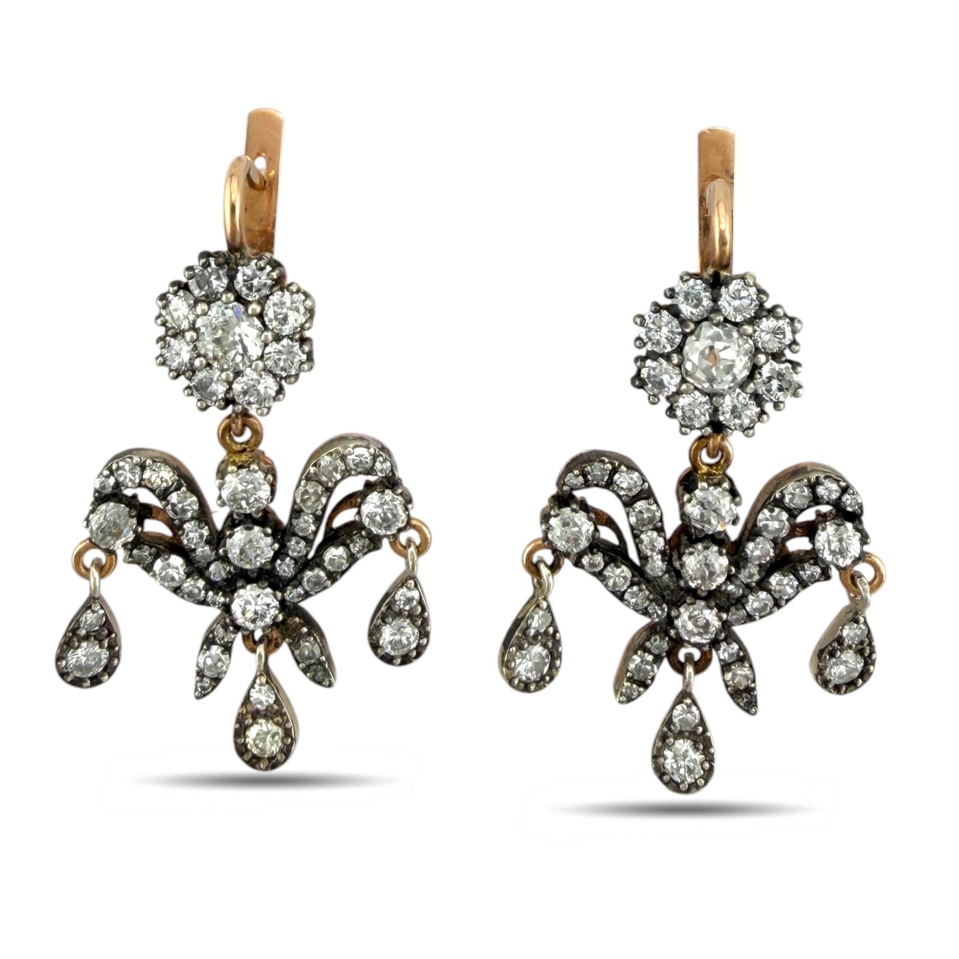 Imperial Russian 56K Rose Gold K. Faberge 3.75ct Diamond Earrings