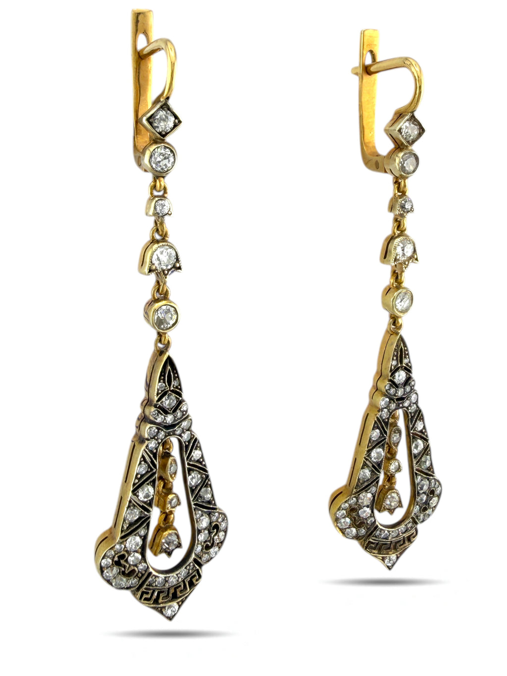 14 kt. Yellow gold, Antique  Russian 56k Gold & Diamond Enamel  Earrings 2.10 Carats Circa 1900s -  2.15ct. tw. Diamond