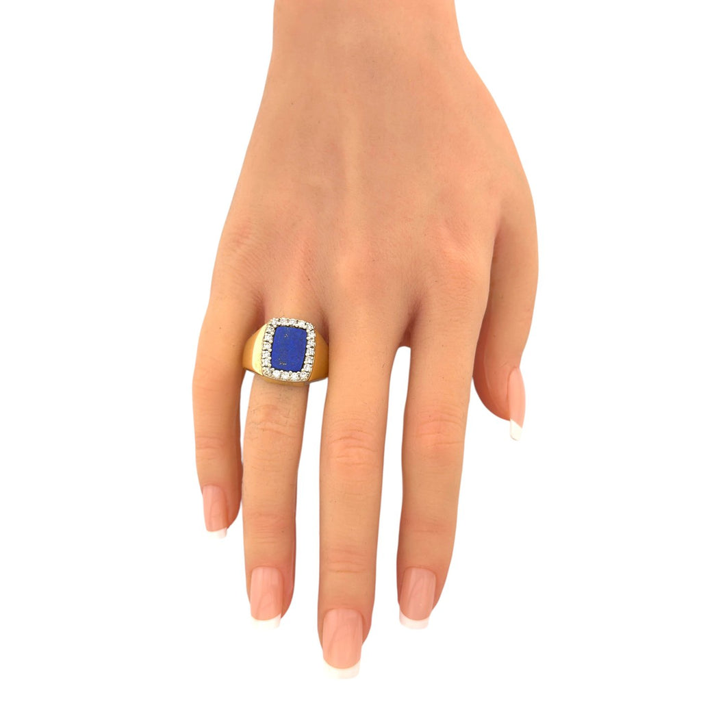 14K yellow gold ring with square blue lapis and diamonds, worn on finger