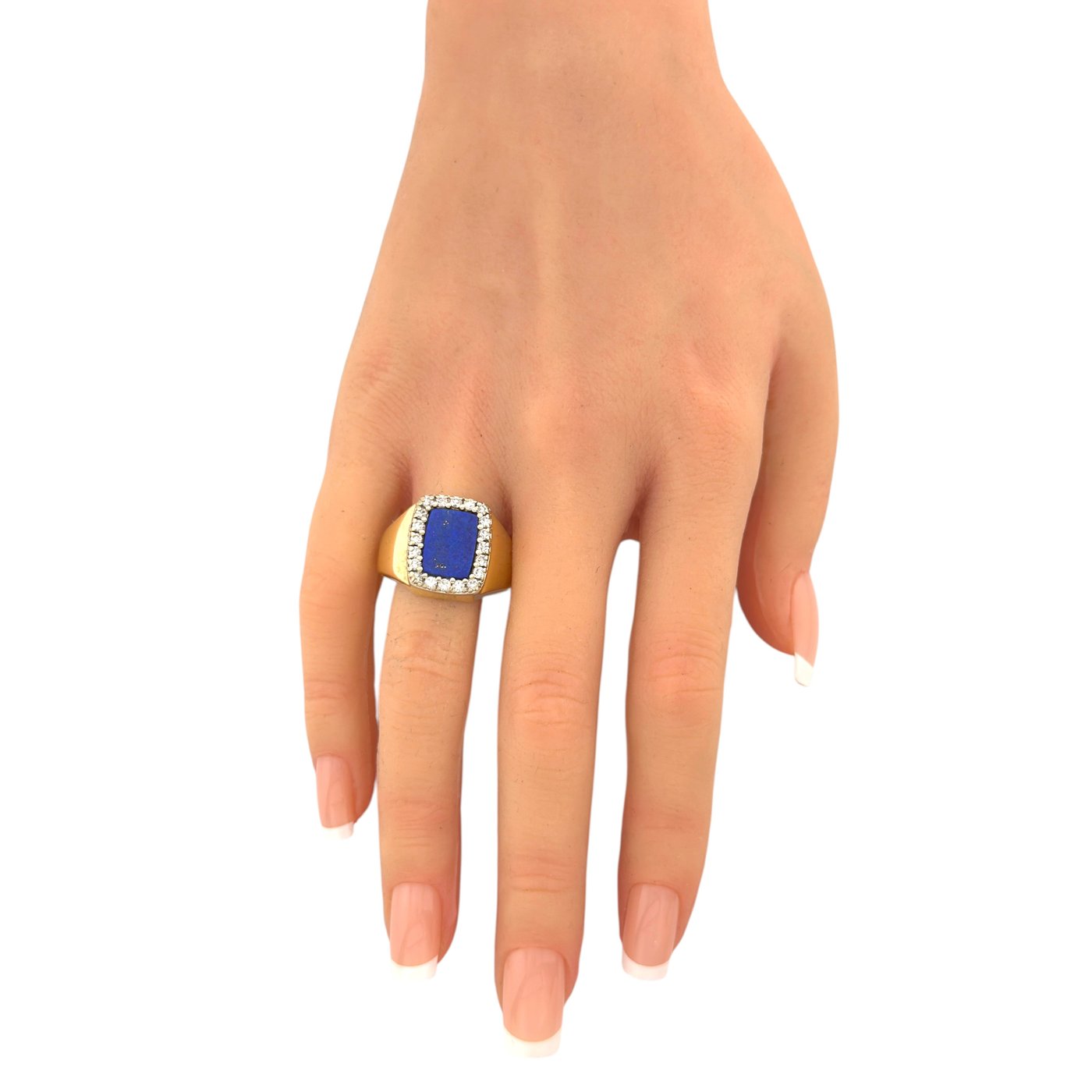 14K yellow gold ring with square blue lapis and diamonds, worn on finger