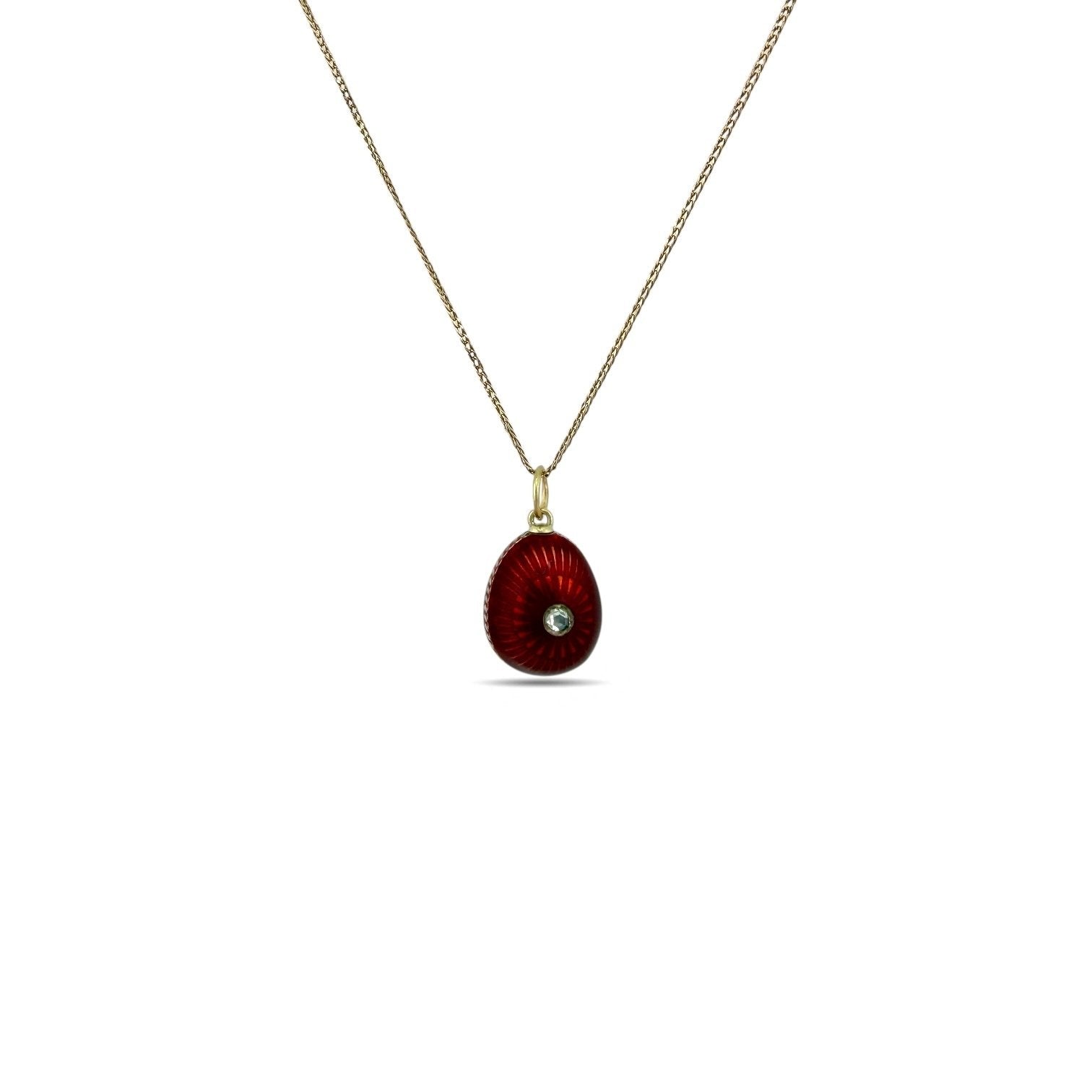 Antique Russian Faberge 56K Yellow Gold Red and White Enamel 0.2ct Diamond Egg Pendant