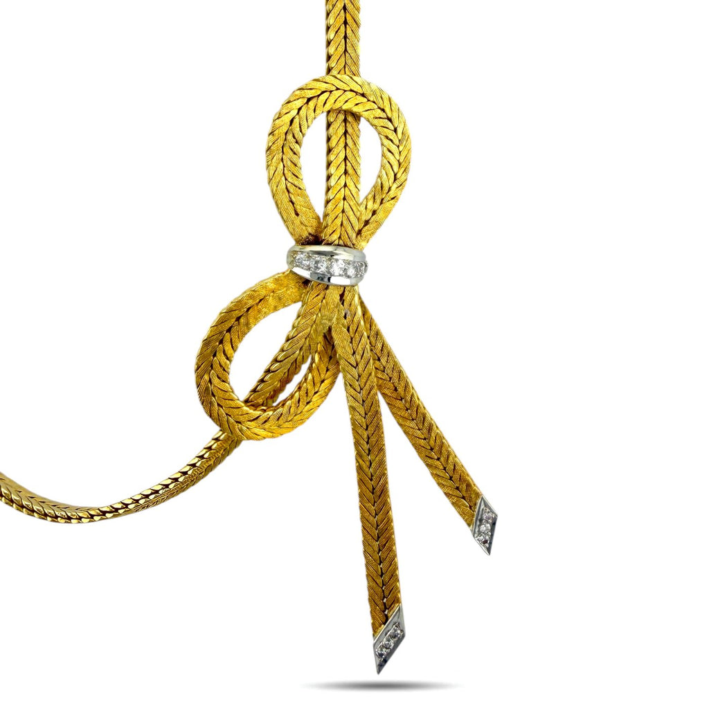 Italian 18K Yellow Gold 0.40ct Diamond Bow Tie Necklace