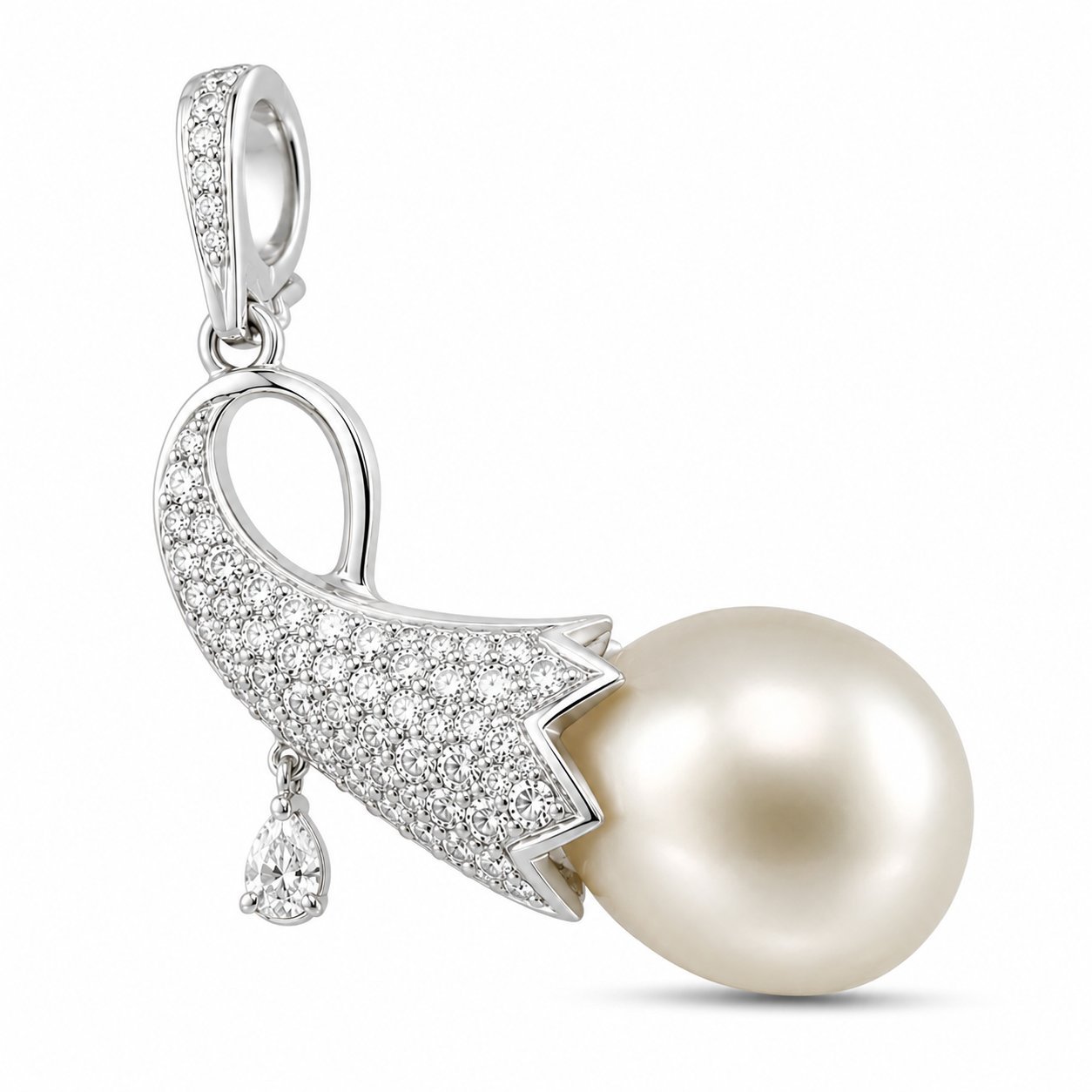 18K White Gold Diamond and Pearl Viking Horn Brooch