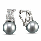 White gold clip-on earrings side view with gray Tahitian pearls and diamond accents