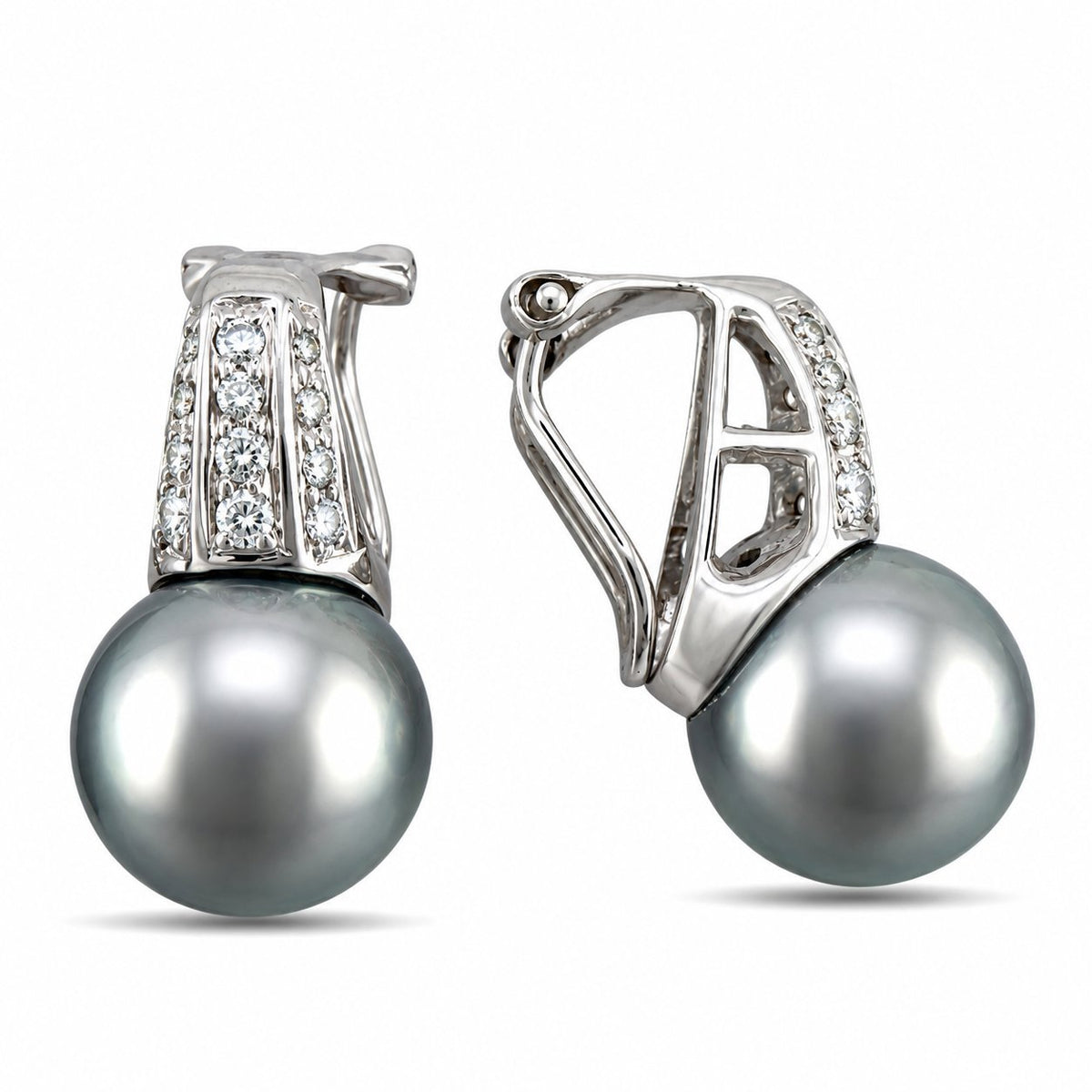 White gold clip-on earrings side view with gray Tahitian pearls and diamond accents