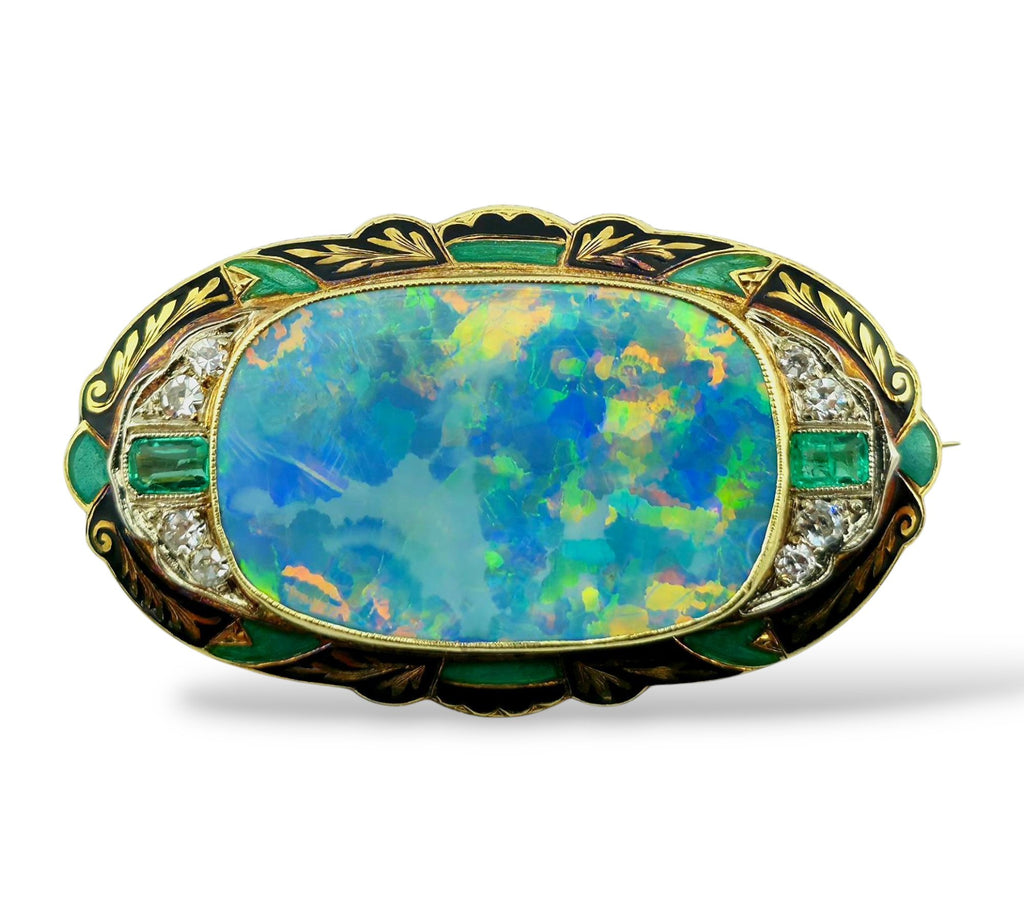 Antique 14K Yellow Gold Large Black Opal Brooch with Diamonds and Emeralds