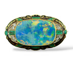 Antique 14K Yellow Gold Large Black Opal Brooch with Diamonds and Emeralds
