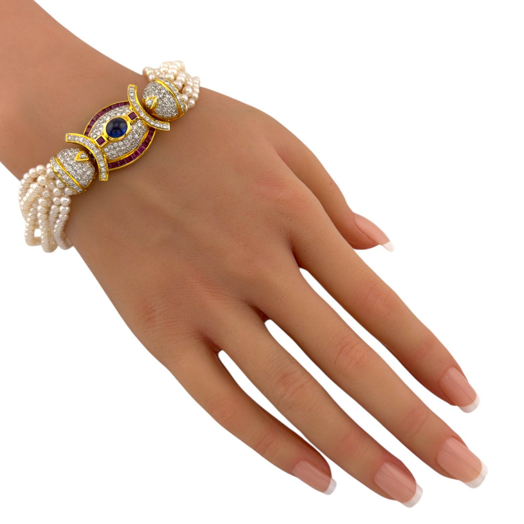 18K Yellow Gold Pearl 9.6ct Diamond, 2.4ct Rubies, and 2.5ct Cabochon Sapphire Necklace