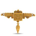 18K yellow gold ornate front brooch with engraved scrollwork, beaded edges, and dangling finial