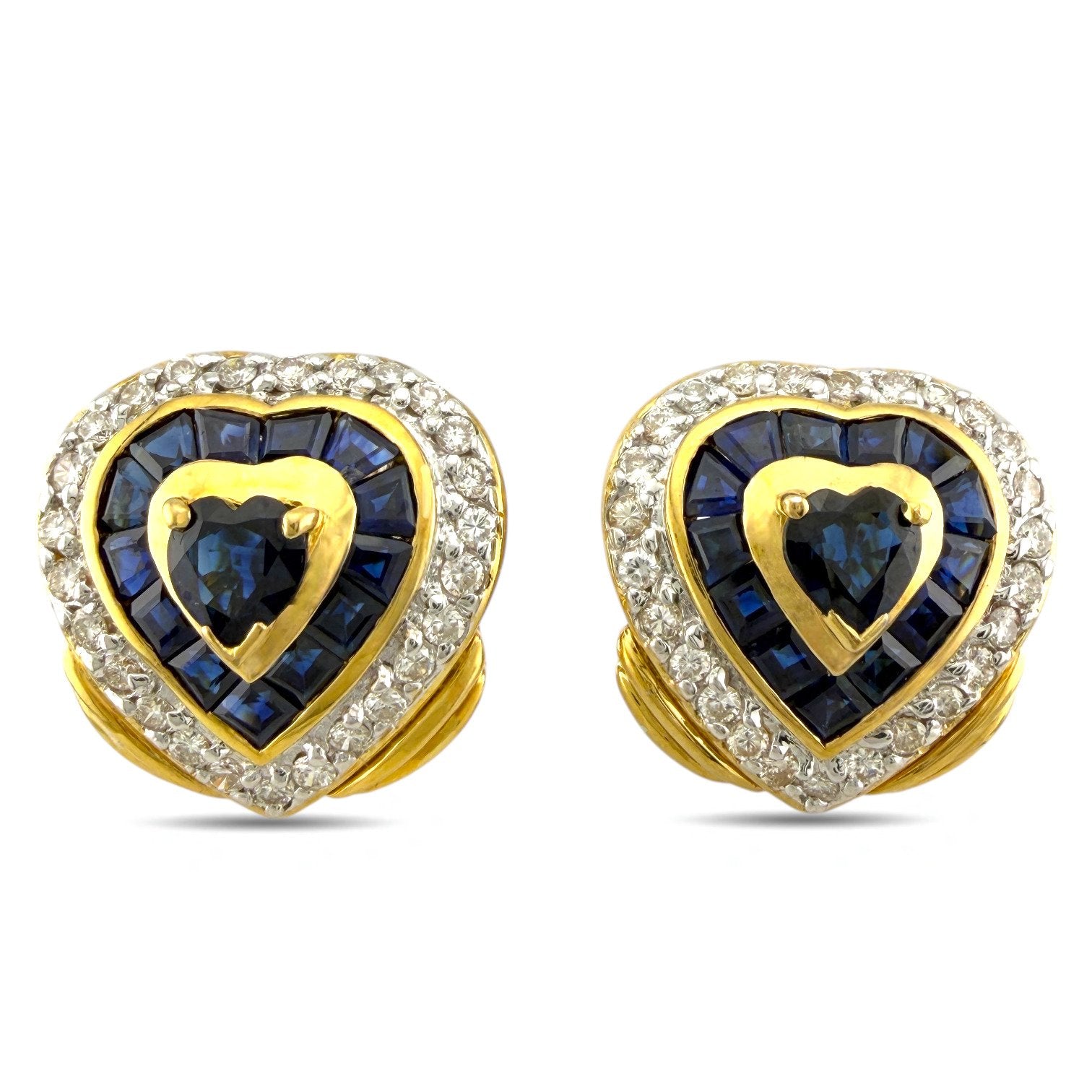 18K Yellow Gold Heart-Shaped Sapphire and 1.08ct Diamond Earrings