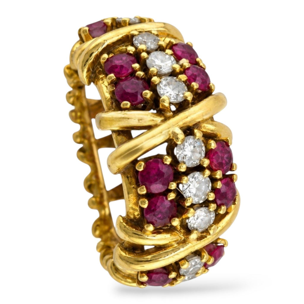 Vintage 18k yellow gold ring with ruby and diamond cluster settings, front view