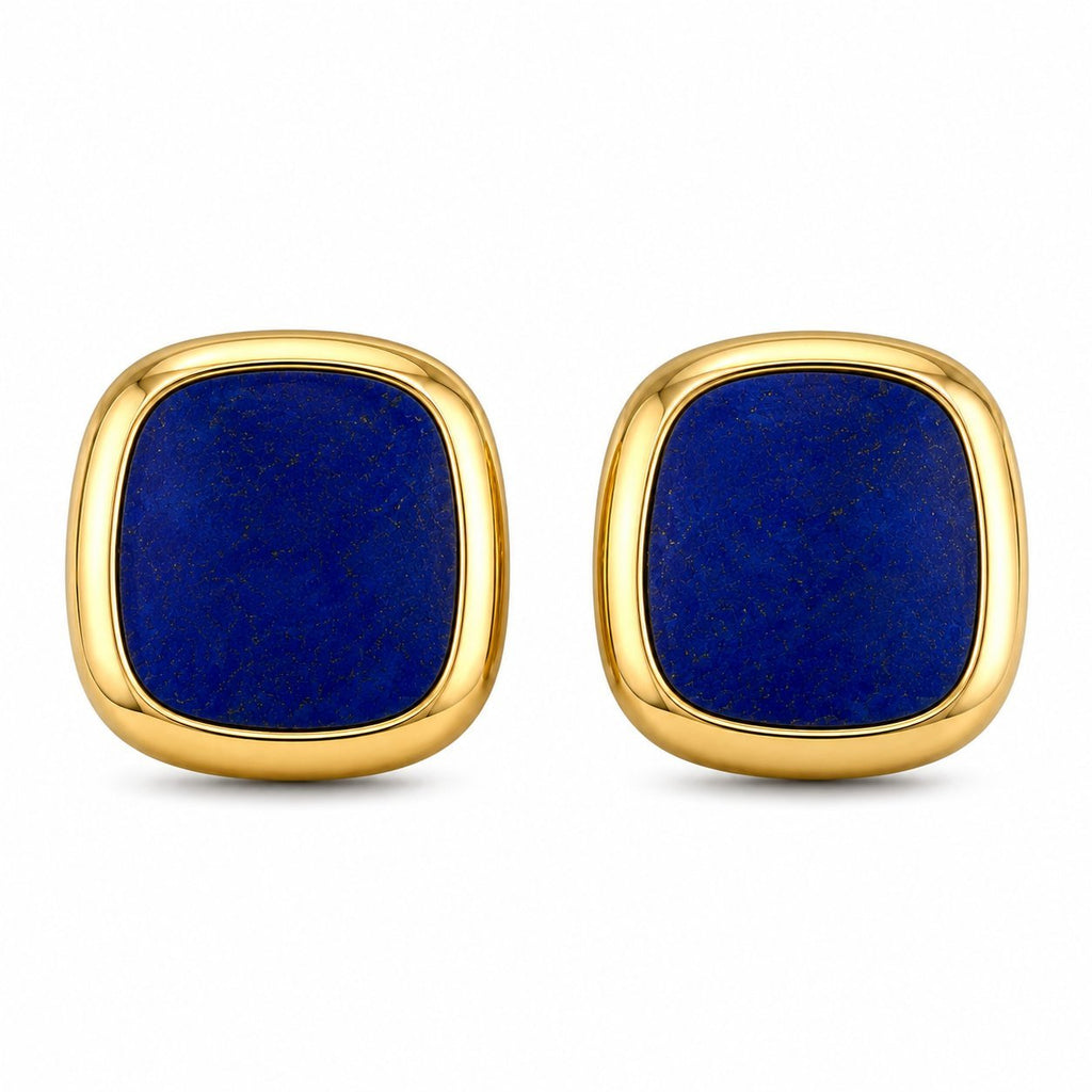 18K yellow gold lapis lazuli stud earrings with square blue stone bezel