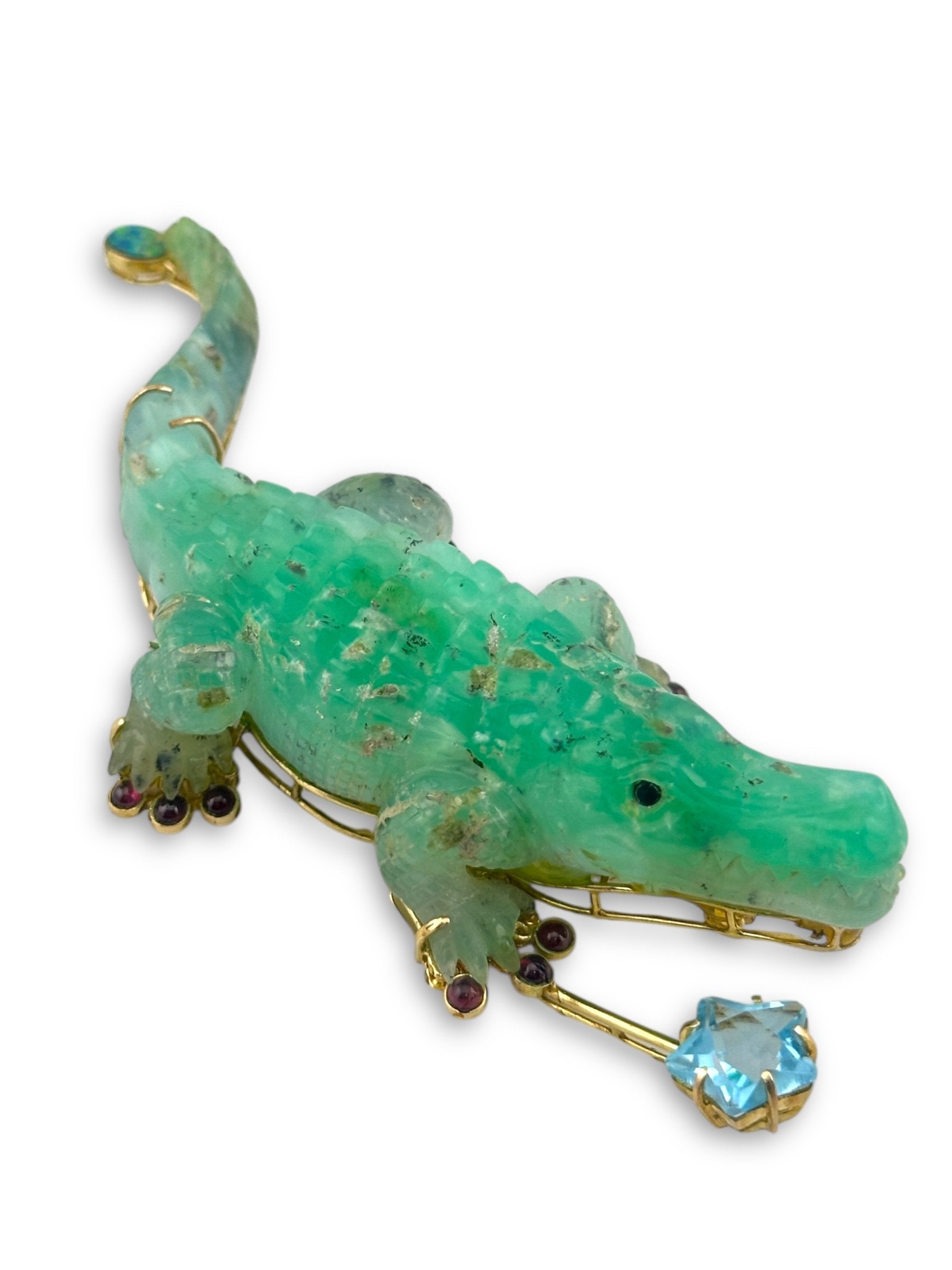 14K Yellow Gold and Jade Crocodile Brooch with Opal Rubies and Blue Topaz