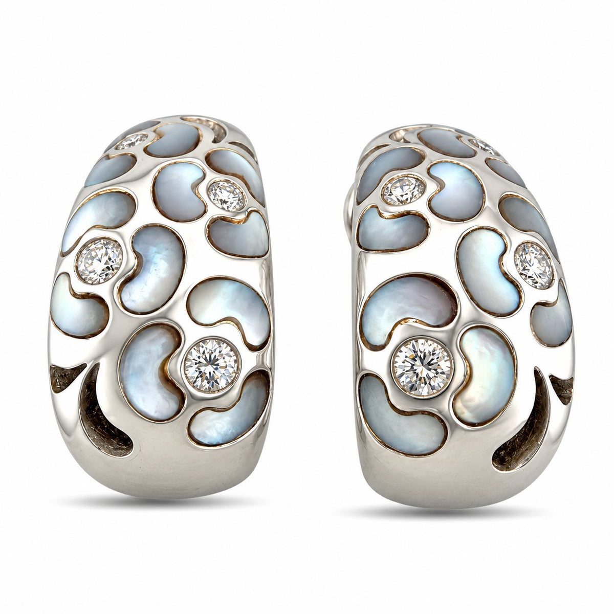 Pair of sculptural white gold earrings with pale blue opal inlays and round diamonds