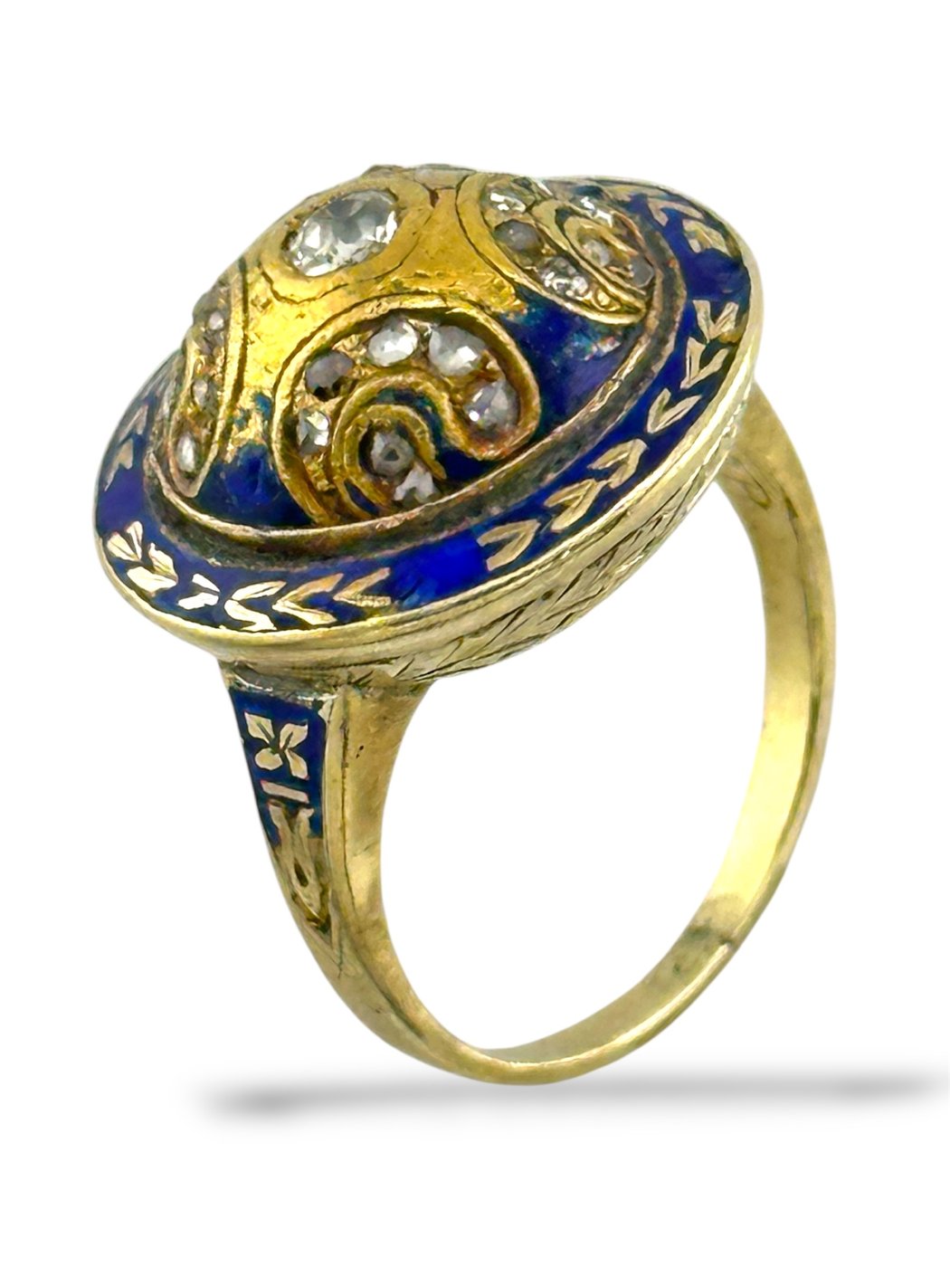 14K Yellow Gold and Enamel Ring with Diamonds
