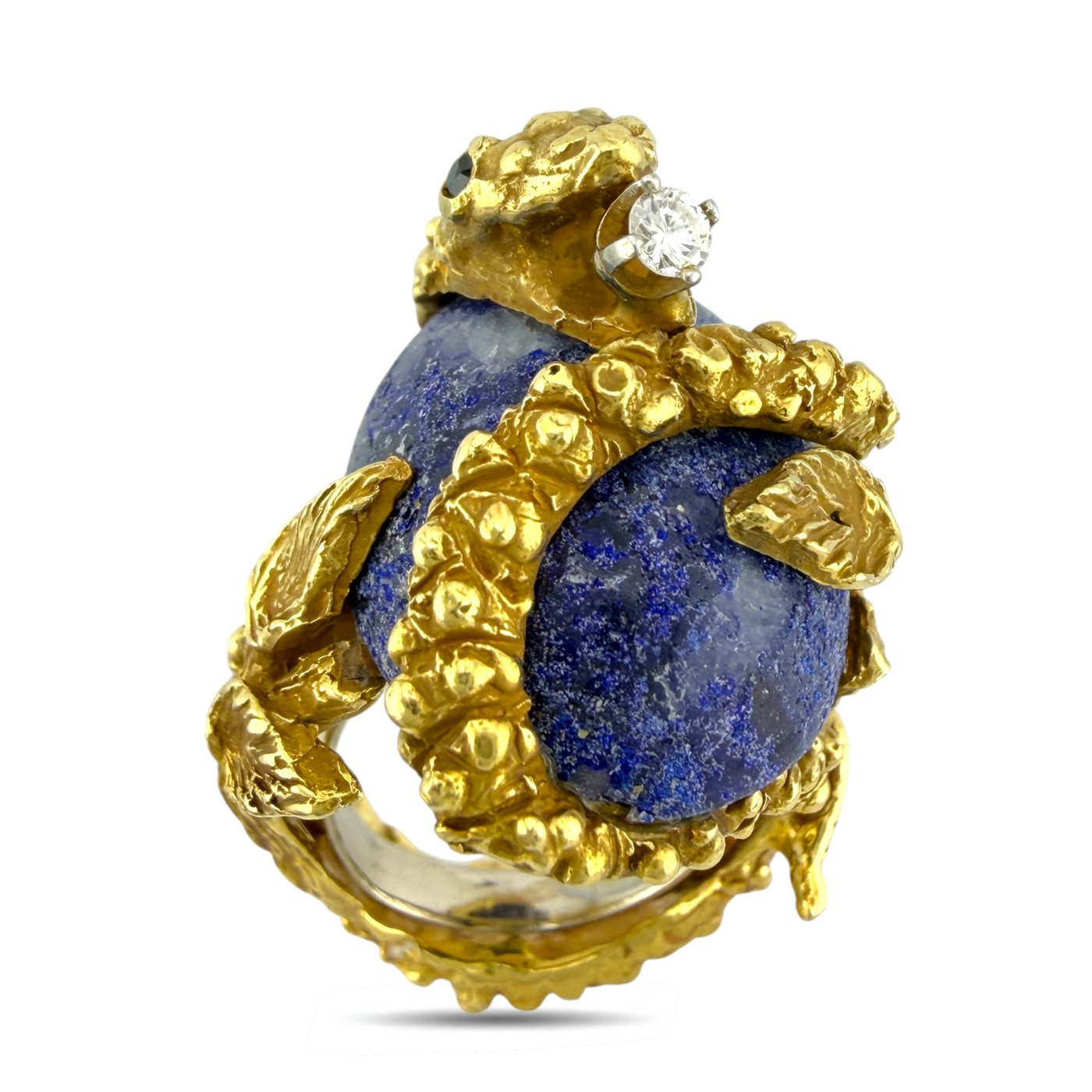 18K Yellow Gold Lapis 0.08ct Diamond and 40ct Sapphire Snake Ring