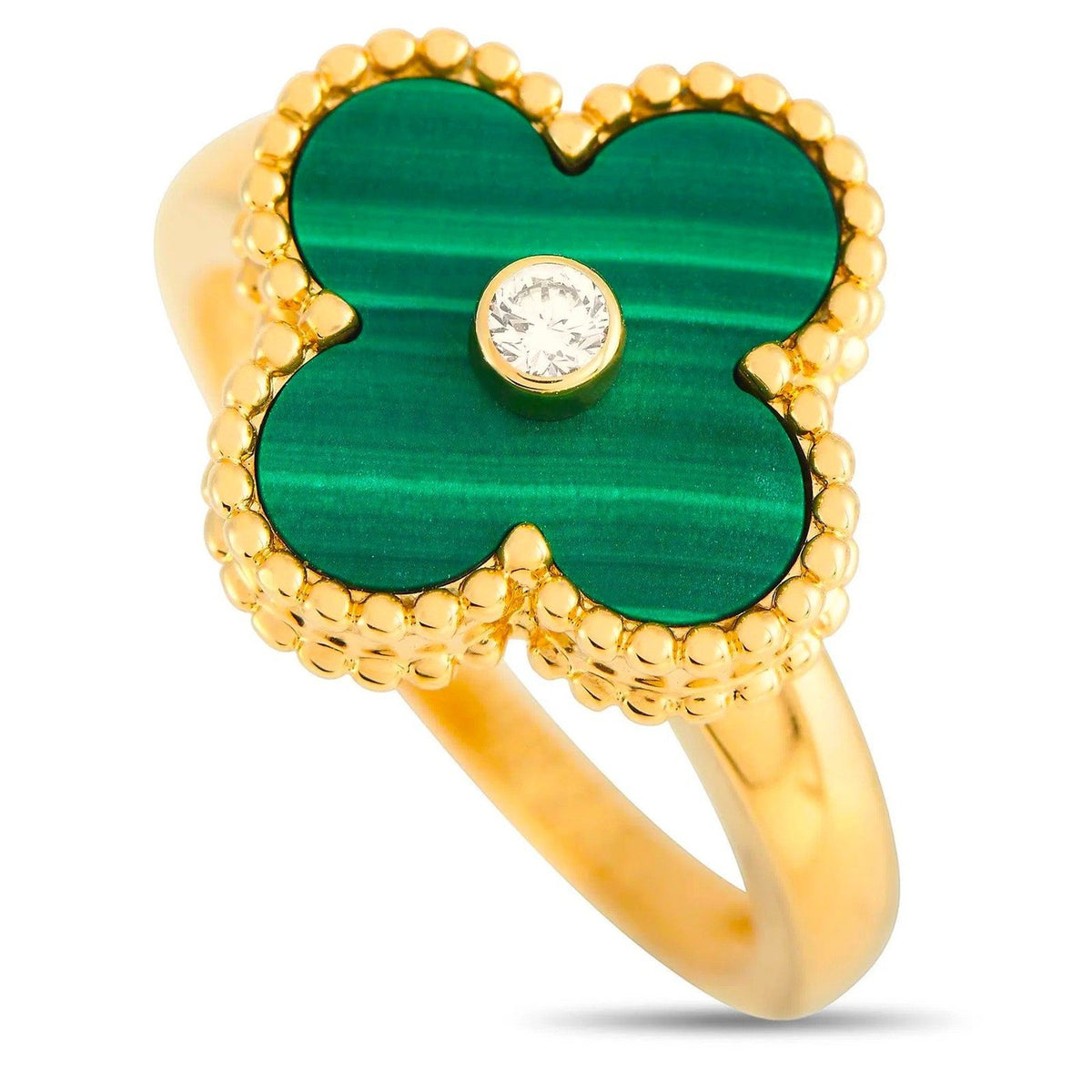 Van Cleef & Arpels yellow gold ring with green malachite clover, beaded edge and center diamond
