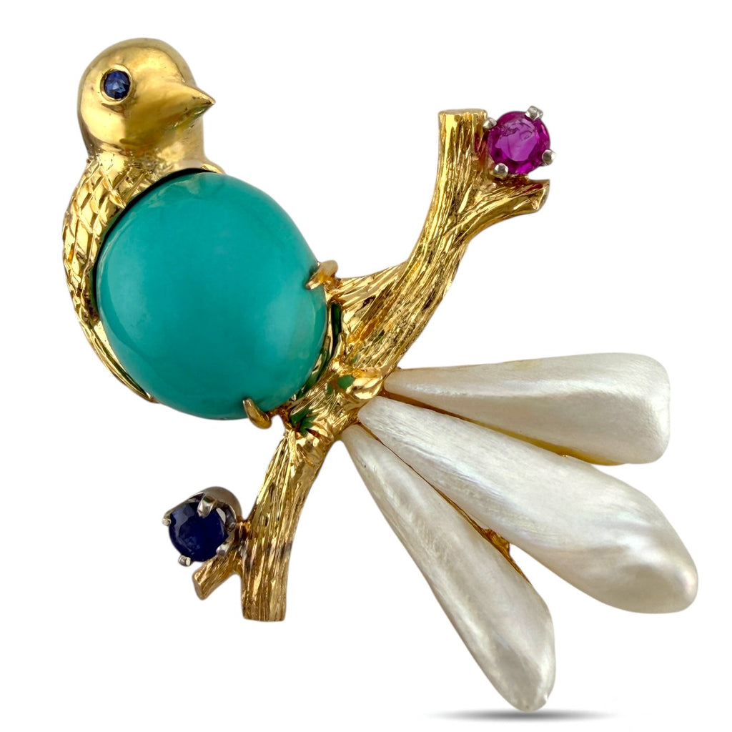 14K Yellow Gold Carved Mother of Pearl Bird Brooch