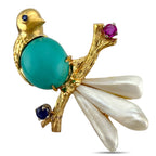 14K Yellow Gold Carved Mother of Pearl Bird Brooch