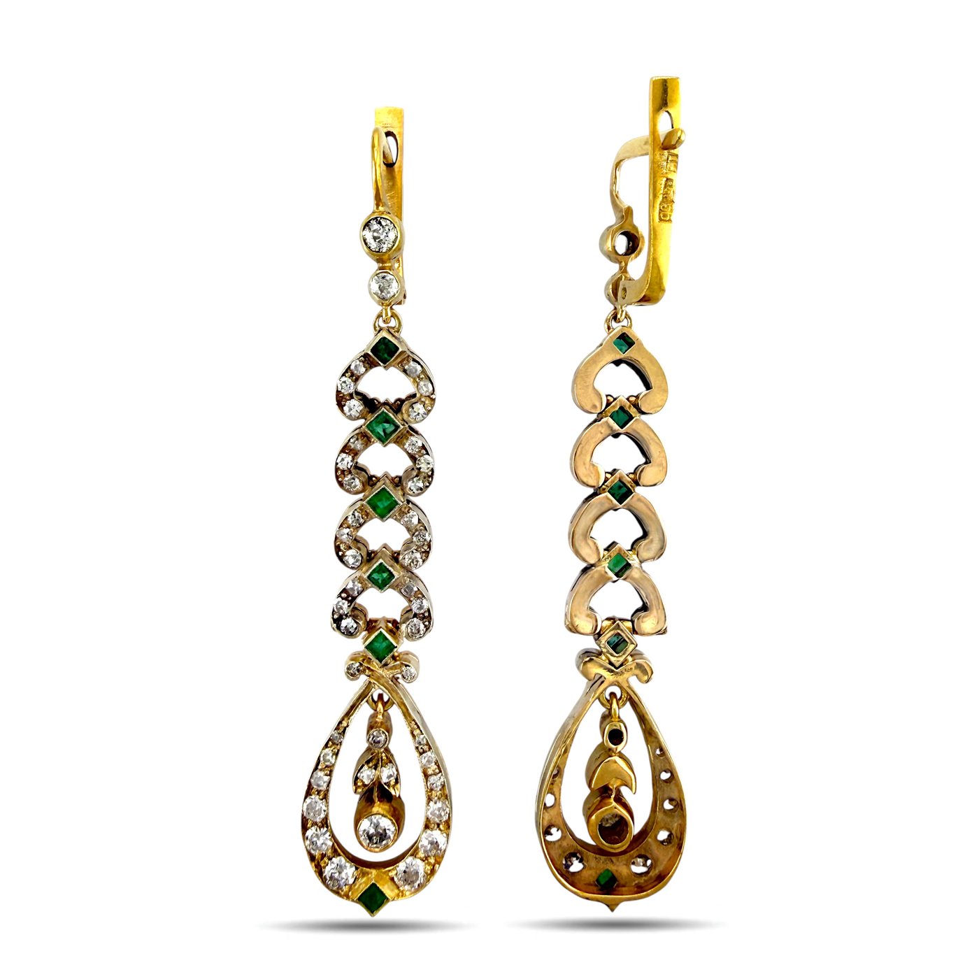 14K Rose and Yellow Gold Imperial Russian Emerald and Diamond Dangle Earrings