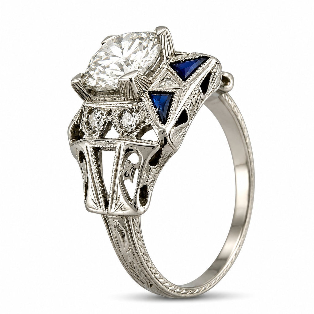 Platinum 1.12ct Diamond and Sapphire Art Deco Ring