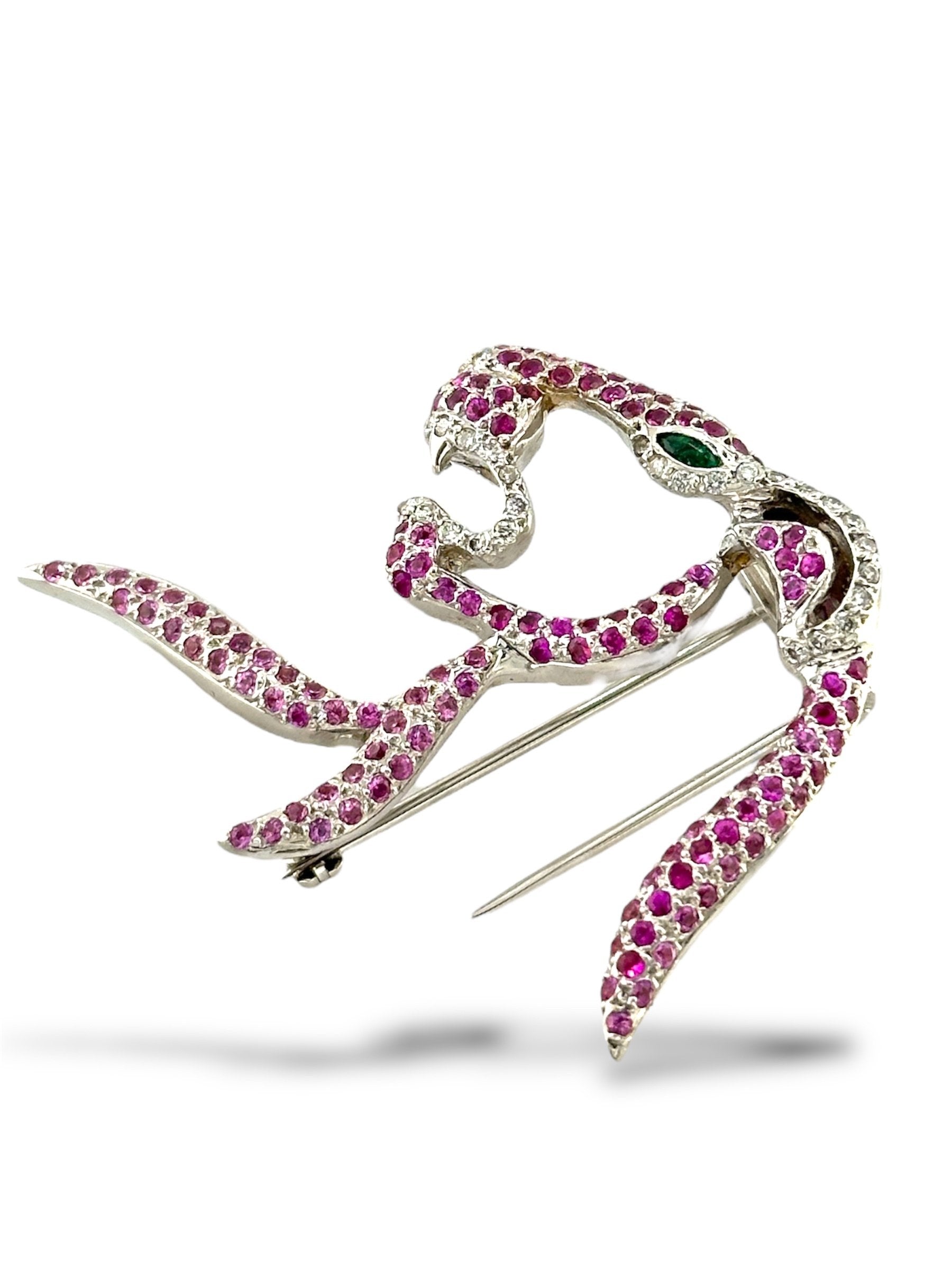 Brooch - 14 kt. Yellow gold, 14K White Gold Panther Brooch with Pink Sapphires, Diamonds & Emerald Eye -  0.4ct. tw. Diamond (Natural)