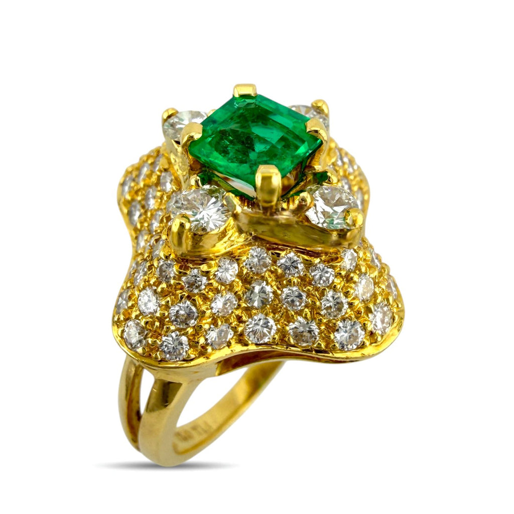18K Yellow Gold 0.80ct Emerald and 1.08ct Diamond Cocktail Ring