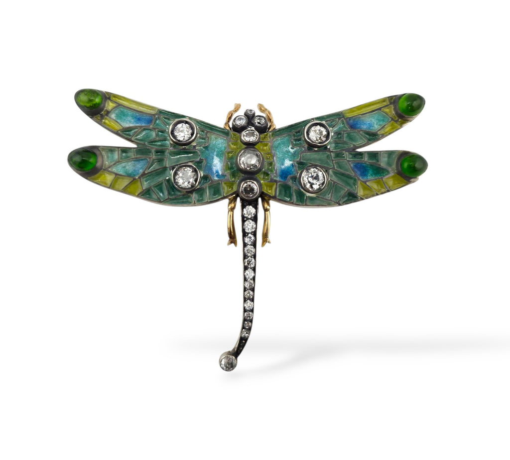Imperial Russian Period 56K Gold Enamel and 1.5ct Diamond Dragonfly Brooch Circa 1900