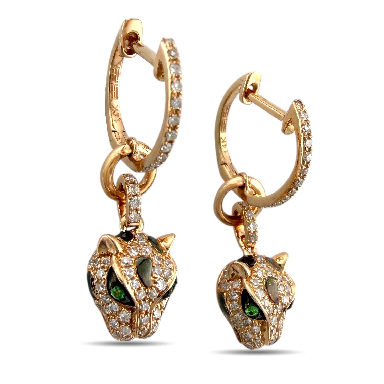 14K Rose Gold Diamond, Emerald, and Enamel Leopard Earrings