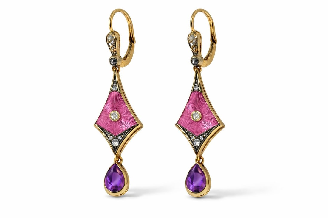 Antique Russian 56K Gold (14K) and Diamond Earrings Circa 1900