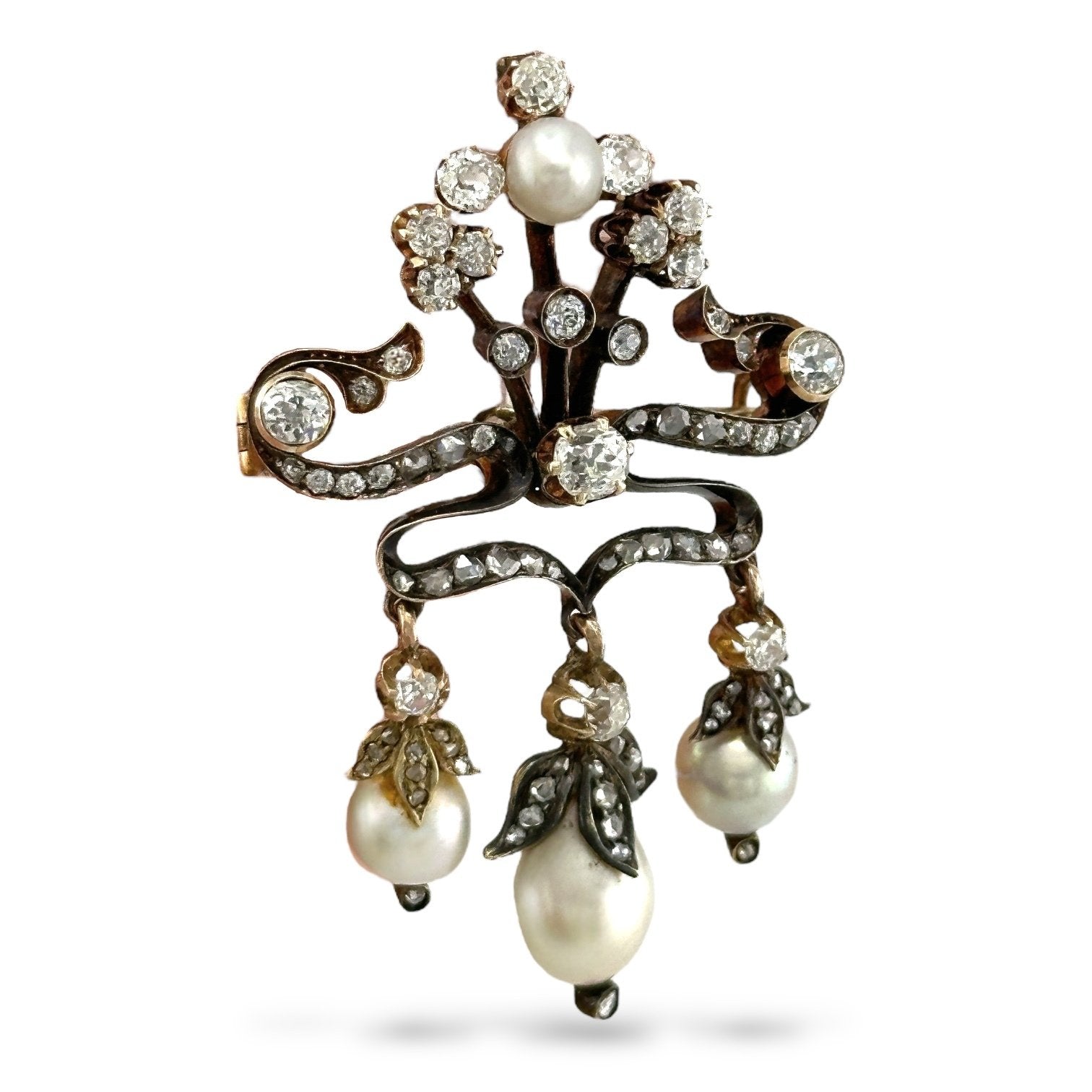 14 kt. Yellow gold, Imperial Russian Period, 14K Gold (56 Zolotnik) 3.00ct Diamond & Pearl Floral Brooch by Henrik -  3.0ct. tw. Diamond