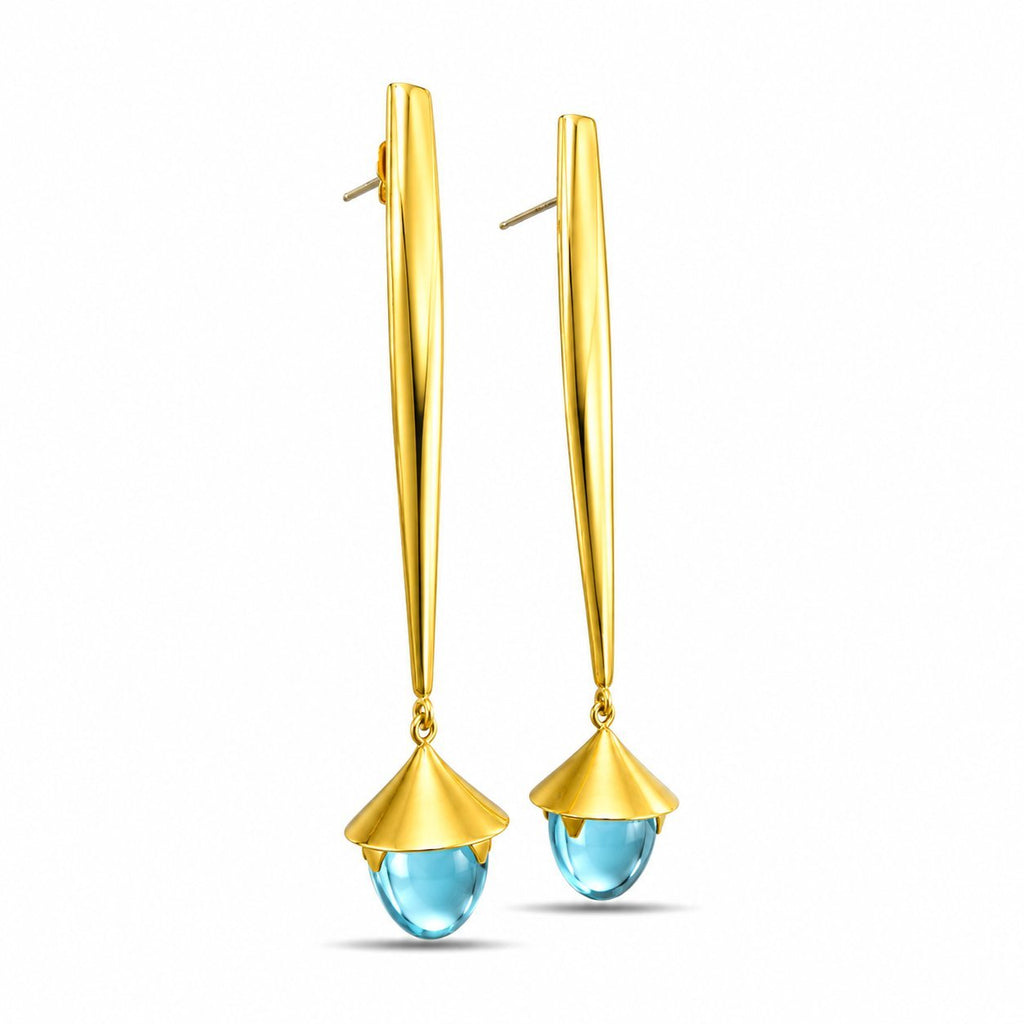 18K yellow gold dangle earrings with long bars and blue teardrop gemstones
