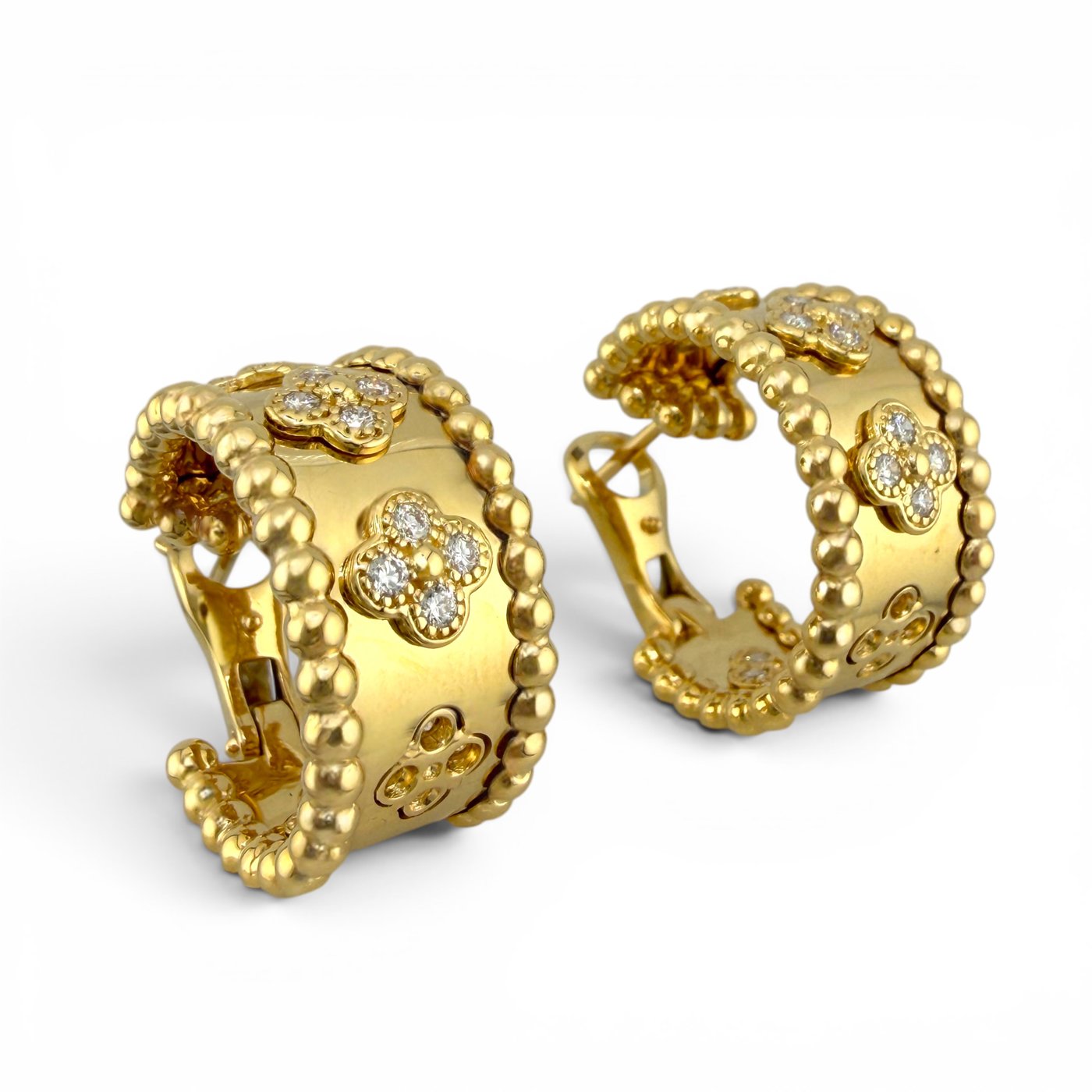 18k yellow gold hoop earrings with clover diamond accents, beaded perimeter
