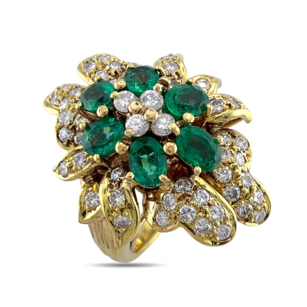 18K Yellow Gold 0.84ct Diamond and Emerald Cluster 2.64ct Ring